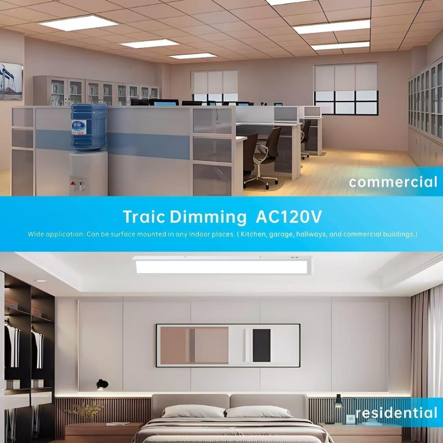 Modern office space with Traic Dimming AC120V lighting system, labeled for commercial and residential use. 2x2FT Led Flat Panel ceiling lights