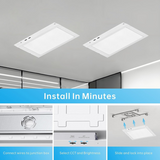 Two square ceiling lights installed on a gray ceiling with text indicating installation process.