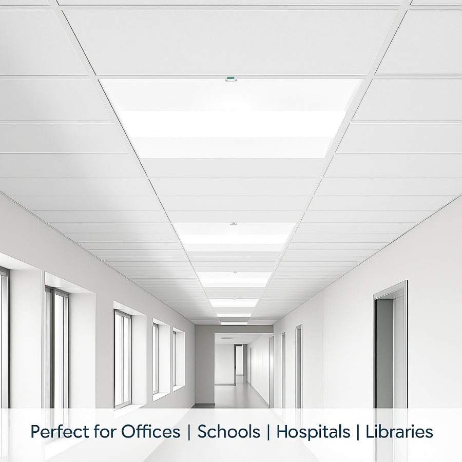 Ceiling with recessed lighting fixtures in an office setting at SwitchToLED