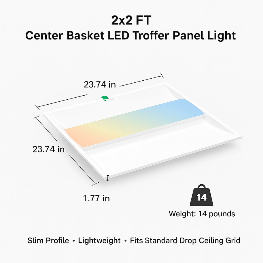 2x2 FT Center Basket LED Troffer Panel Light with dimensions and weight information on a white background