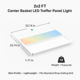 2x2 FT Center Basket LED Troffer Panel Light with dimensions and weight information on a white background