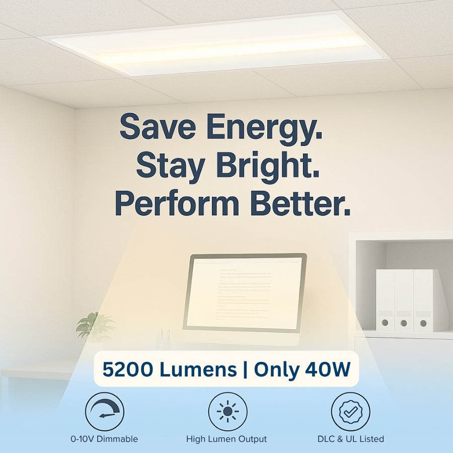 Ceiling light fixture with text 'Save Energy. Stay Bright. Perform Better.' in an office setting at SwitchToLED