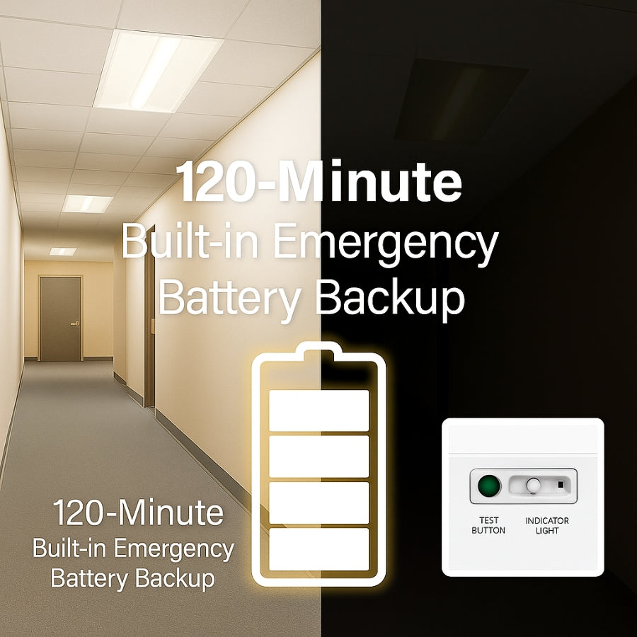 Corridor with text '120-Minute Built-in Emergency Battery Backup' and an icon of a battery and emergency light at SwitchToLED