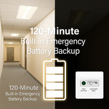Corridor with text '120-Minute Built-in Emergency Battery Backup' and an icon of a battery and emergency light at SwitchToLED