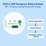 Diagram of a built-in emergency battery backup system with LED indicators on a blue background at SwitchToLED