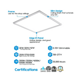 LED panel light with features and certifications on a white background