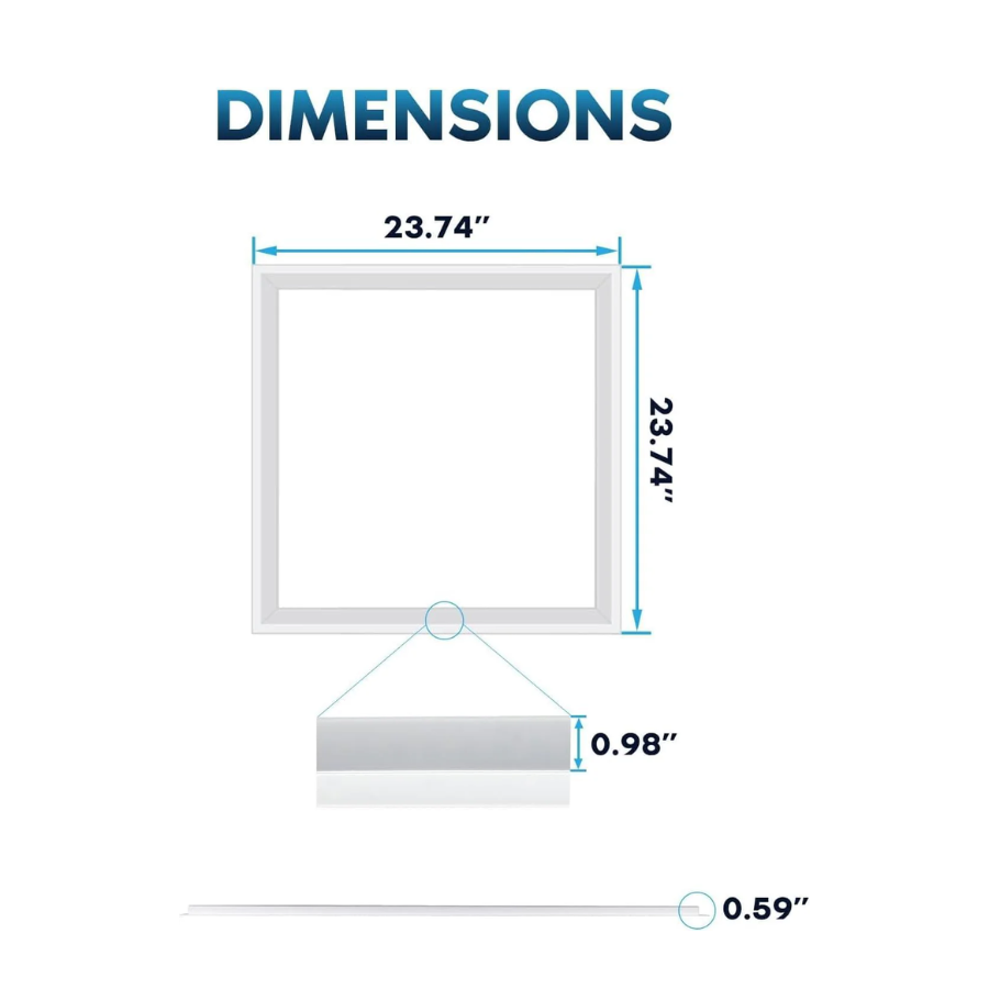 Measurement chart showing dimensions of a 2x2 FT Edge-Lit Ceiling light with side lengths of 23.74 inches and a thickness of 0.98 inches.