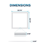Measurement chart showing dimensions of a 2x2 FT Edge-Lit Ceiling light with side lengths of 23.74 inches and a thickness of 0.98 inches.