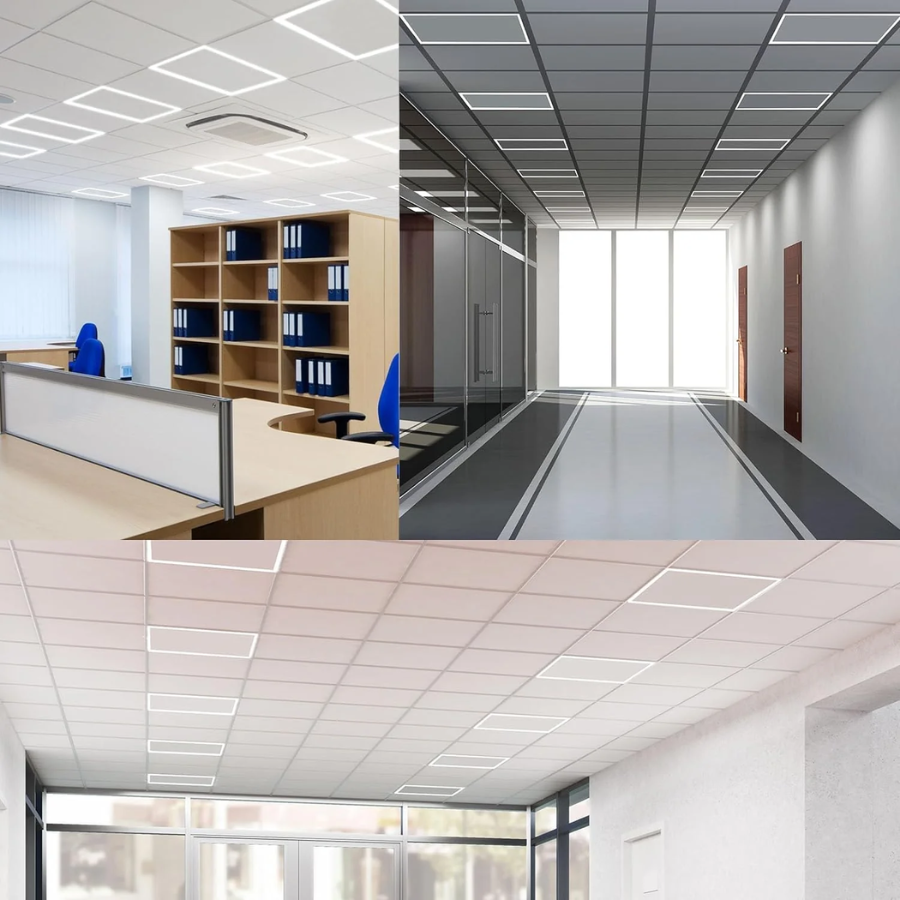 Collage of 2x2 FT Edge-Lit Ceiling light office interior with desks, bookshelves, and large windows.