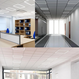 Collage of 2x2 FT Edge-Lit Ceiling light office interior with desks, bookshelves, and large windows.
