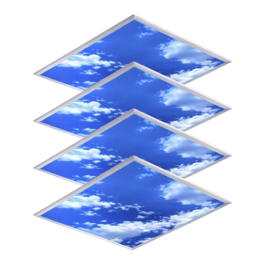 Four 2x2 40W dimmable LED sky ceiling panels, 6500K 5000lm, ETL listed, flat panel office drop ceiling lights at switchtoled.com