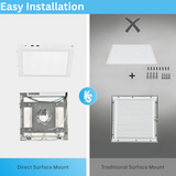 Comparison of direct surface mount and traditional surface mount installations with text 'Easy Installation'.
