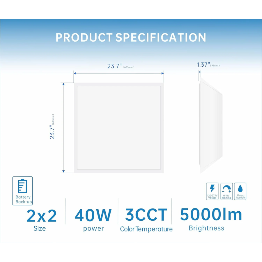 Product specification chart for a LED panel light with dimensions, power, color temperature, and brightness.