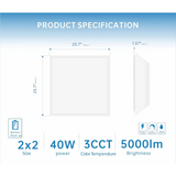 Product specification chart for a LED panel light with dimensions, power, color temperature, and brightness.