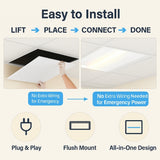 Step-by-step guide on installing ceiling lights with icons and text indicating plug & play, flush mount, and all-in-one design at Switch To LED