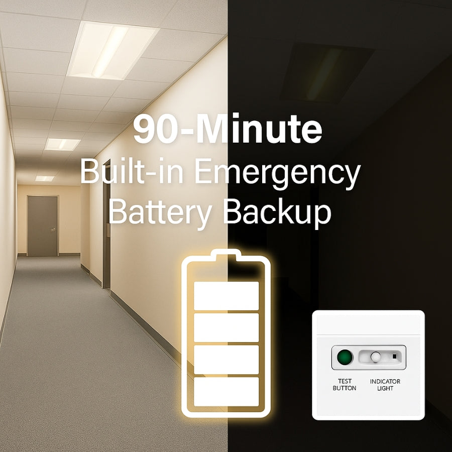 Corridor with emergency lighting system and text about 90-minute battery backup at SwitchToLED
