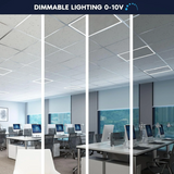 Collage of an office with dimmable 2x4 FT Edge-Lit Frame lighting control shown on the ceiling.