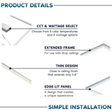 Product details of a light fixture with features like CCT & wattage select, extended frame, thin design, edge-lit panel, and simple installation.
