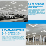 Car showroom with ceiling lights and text about CCT and wattage options.