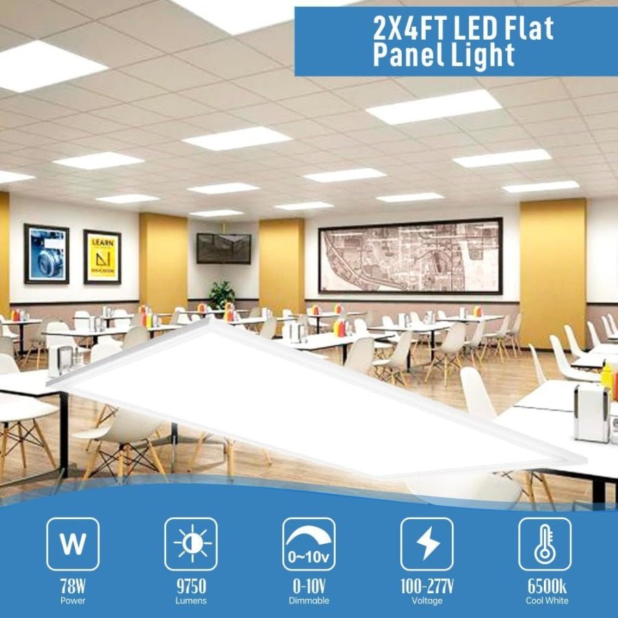 Classroom with multiple LED flat panel lights on the ceiling, featuring product specifications at the bottom.