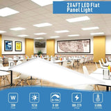 Classroom with multiple LED flat panel lights on the ceiling, featuring product specifications at the bottom.