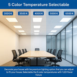 Modern office with different color temperature lights on the ceiling, labeled from 3000K to 6500K.