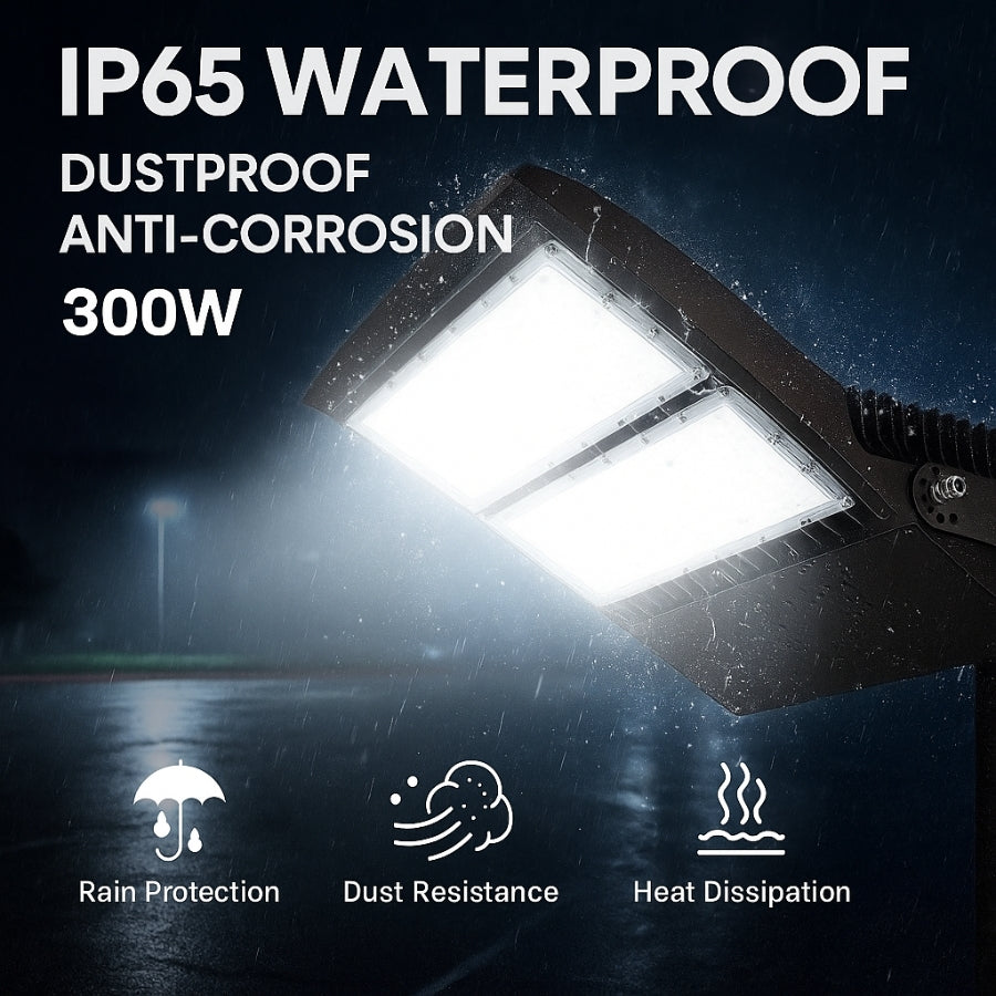 300W LED flood light with waterproof, dustproof, and anti-corrosion features on a dark background.