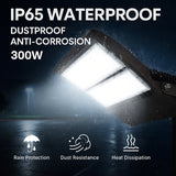 300W LED flood light with waterproof, dustproof, and anti-corrosion features on a dark background.