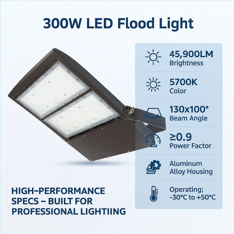 300W LED Flood Light with specifications on a white background