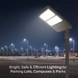 Street light in a parking lot with text about lighting solutions for various locations