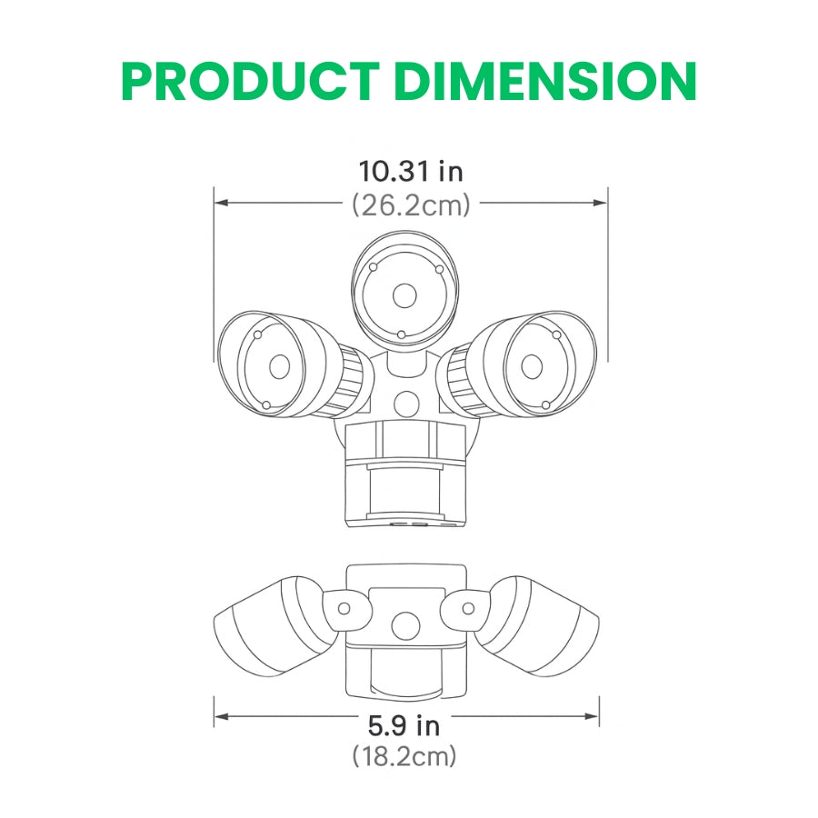 Product dimensions diagram of a security camera system with measurements in inches and centimeters.