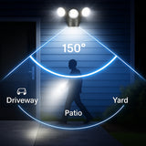 Outdoor security light fixture with 150-degree coverage area shown on a house exterior.