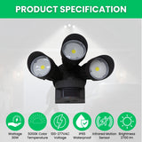 Outdoor security light fixture with specifications on a gray background