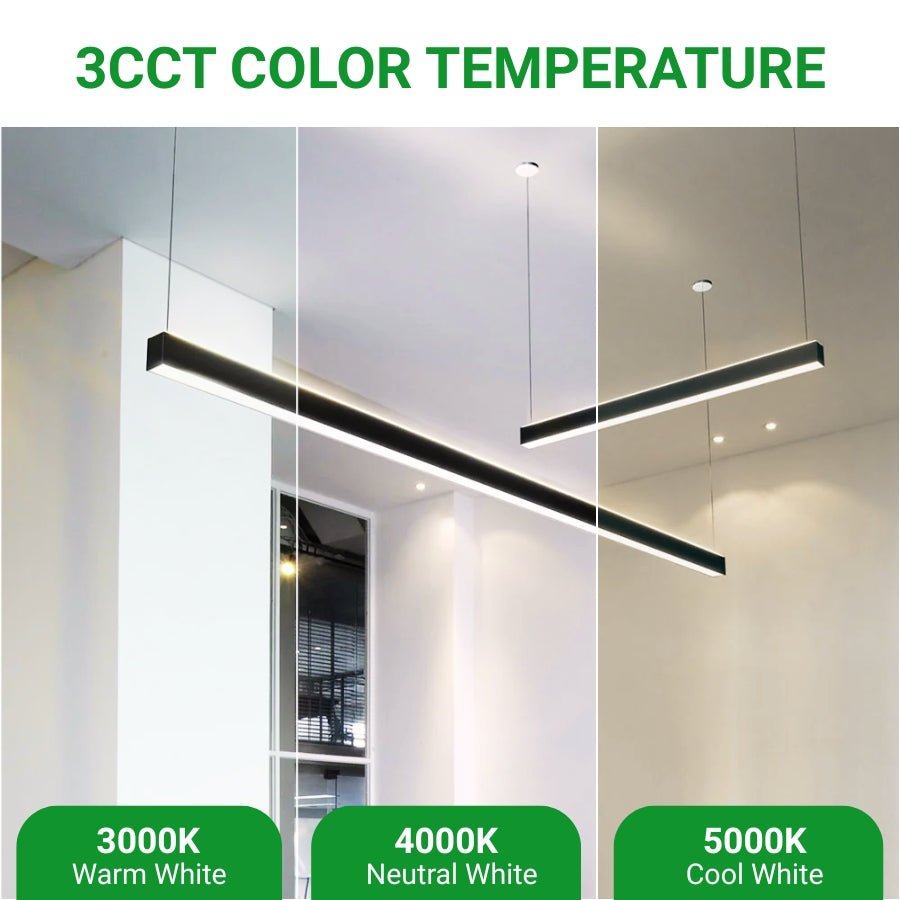 Modern pendant lights with color temperature options displayed on a ceiling.