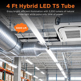24W LED T5 Tube Light, 4FT, 3,200 Lumens, 4000K Natural White, Type A/B Ballast Compatible & Ballast Bypass, G5 Bi-Pin, 0-10V Dimmable, UL Certified, DLC 5.1, 25-Pack