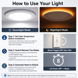 4 Inch LED Recessed Ceiling Light with Night Light, 5CCT Selectable 2700K/3000K/3500K/4000K/5000K, 9W, 750 Lumens, 75W Equivalent, Dimmable Canless Wafer Downlight, IC Rated, ETL & FCC Listed, Junction Box Included, 120V