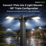 90° Triple Tenon Adapter for 4” Square Pole, 3 Arm Horizontal Bullhorn Mount, 2-3/8” OD Slip Fitter Bracket for LED Area Lights, Shoebox Parking Lot & Street Lights, Heavy Duty Steel
