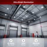 UFO LED High Bay Light, 200W, 28,000 Lumens, 6000K Daylight, 600W MH Equivalent, Slim Design Commercial High Bay Shop Light for Warehouse, Factory, Workshop, Garage & Barn, Ceiling Mount, Plug & Play, 120V, UL Listed