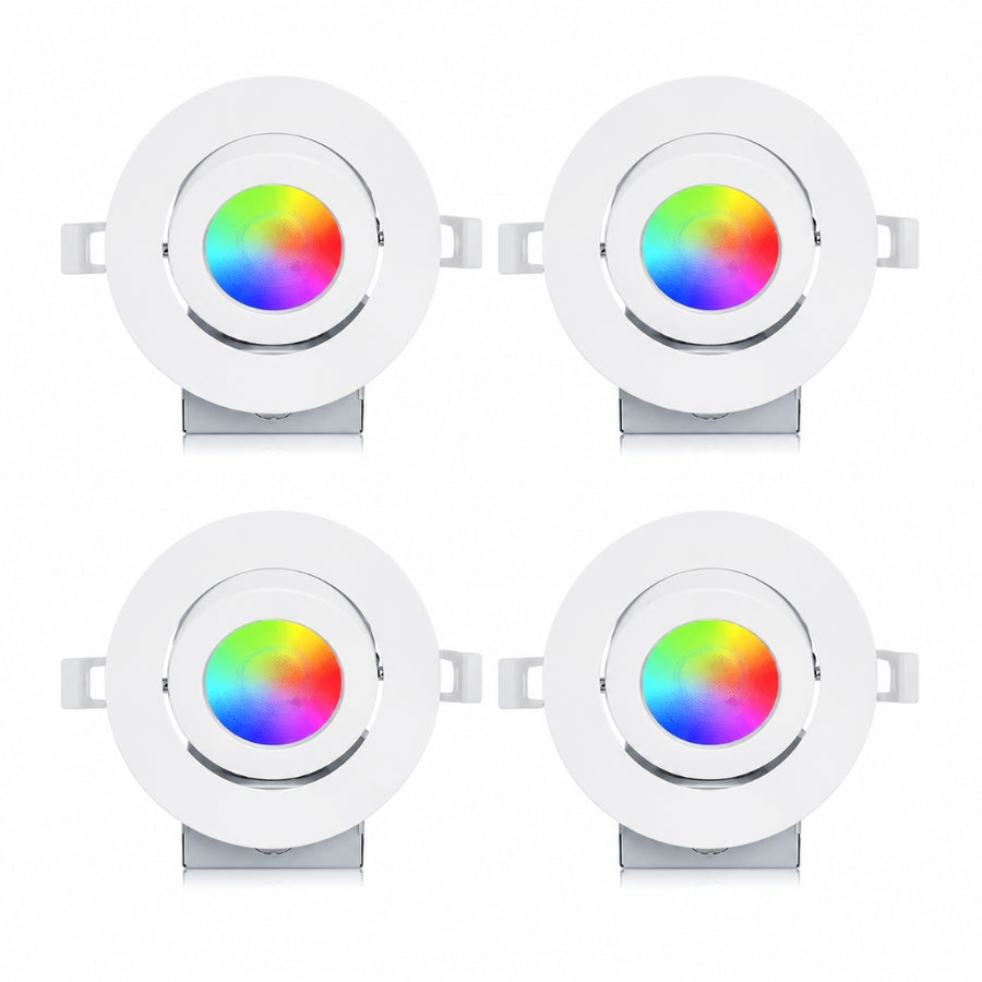 Four 4-inch smart Wi-Fi RGBW LED gimbal recessed lights with slim canless design and adjustable directional lighting.