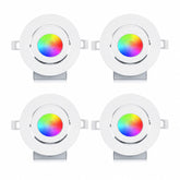 Four 4-inch smart Wi-Fi RGBW LED gimbal recessed lights with slim canless design and adjustable directional lighting.