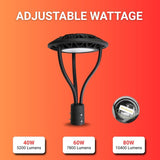 LED Post Top Light - 40W/60W/80W Selectable, 3000K/4000K/5000K CCT, AC100-277V, Black T5 3" Mount, Frosted Glass Cover, Outdoor Waterproof Fixture, Compatible with Photocell, 5-Year Warranty for Street, Yard, Garden