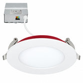 A recessed LED ceiling light fixture with a white circular frame, a red inner ring, and silver metal mounting brackets, shown with its attached white power cord and metal control box on a plain white background.