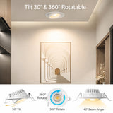 4 inch LED recessed gimbal light installed in ceiling showing 30 degree tilt and 360 degree rotatable eyeball design for directional lighting at Switchtoled.com