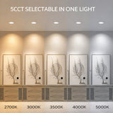 4 inch LED recessed gimbal light showing 5CCT selectable color temperatures 2700K 3000K 3500K 4000K and 5000K in one light at Switchtoled.com