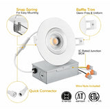 4 inch LED recessed gimbal light with IC rated junction box snap spring baffle trim quick connector wire nuts included ETL listed at Switchtoled.com
