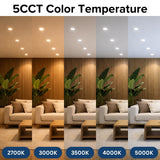 4 inch LED recessed light showing 2700K to 5000K color temperature options for different room settings