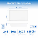2X4 LED Flat Panel Light with Emergency Battery Backup, 50W 3000K/4000K/5000K, 0-10V Dimmable, 6250 Lumens, LED Drop Ceiling Lights, 100-277V, UL Listed