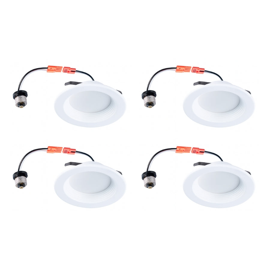 Four white recessed ceiling lights with wiring on a white background