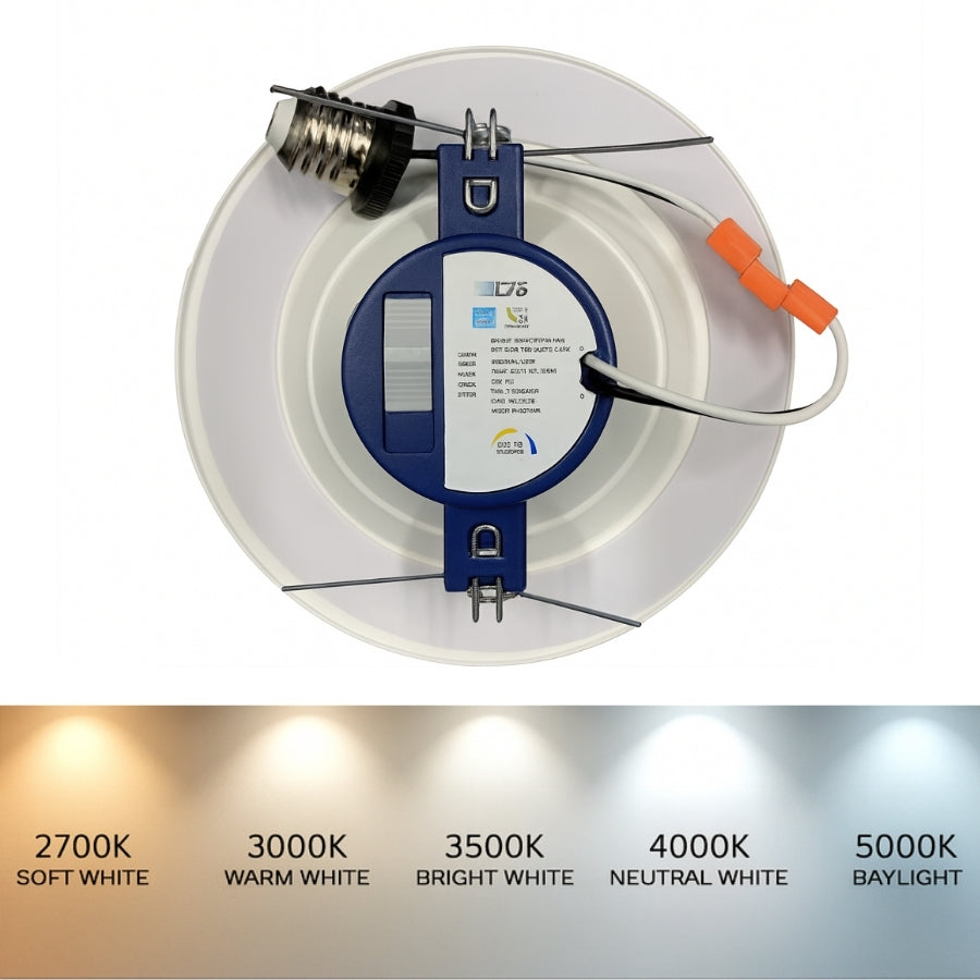 Ceiling light fixture with color temperature options displayed below.
