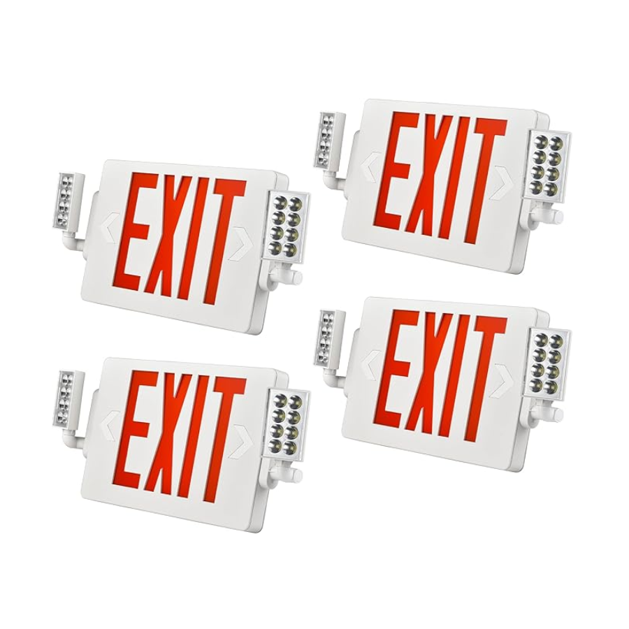 Four red EXIT signs on a white background
